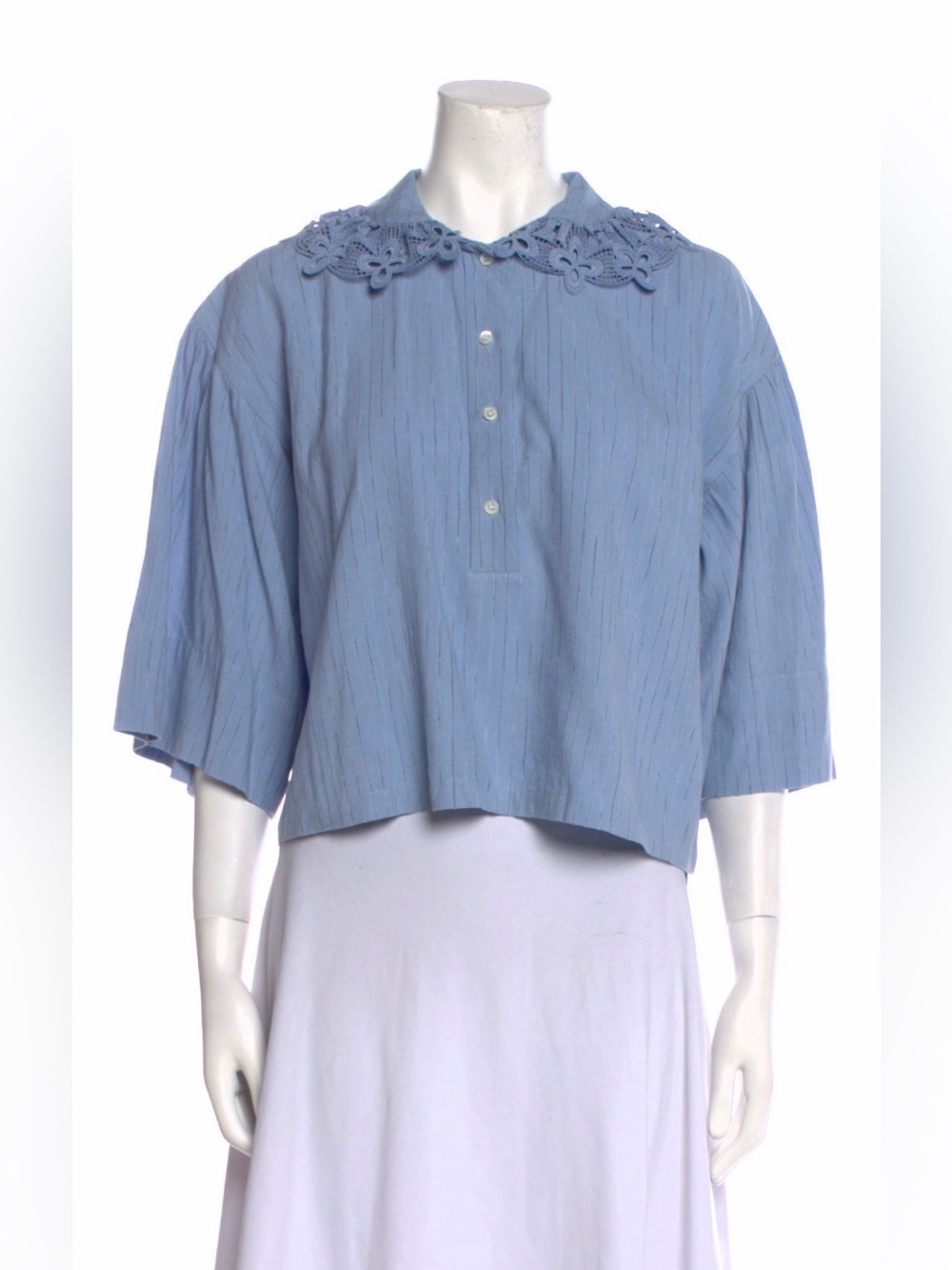 Sandro Light Blue Cropped Blouse with Embroidered Collar, size XS